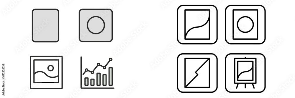 Poster set of line art icons for user interface design including gallery, picture, data chart, and framed a