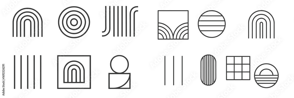 Poster set of minimalist geometric shapes and abstract line art icons for modern design projects, including