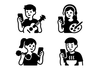 Monochrome icon collection of young people multitasking with smartphones during hobbies like playing guitar, painting, working out, and eating