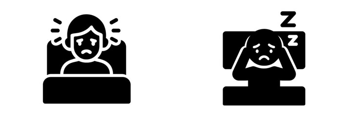 Insomnia and sleep disorder glyph icons set showing a person with anxiety and stress unable to sleep in bed at night