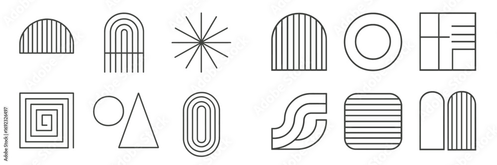 Aufkleber set of minimalist geometric shapes and abstract line art elements for modern design projects, includ
