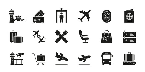 Airport And Travel Icon Set. Aviation, Security, And Passenger Experience Silhouette Symbol Collection. Includes Airplanes, Luggage, Tickets, And Passport Elements. Isolated Vector Illustration