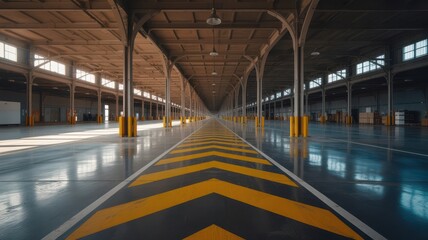 Vast empty industrial warehouse interior with yellow chevron floor markings and arched ceiling image