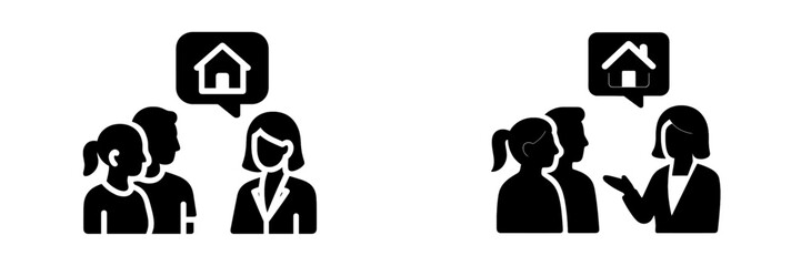 Real estate agent and couple discussing home buying and property investment with a house icon in a speech bubble