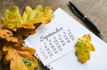 Miniature September calendar on blank spiral notebook surrounded by dried autumn leaves and pen on...