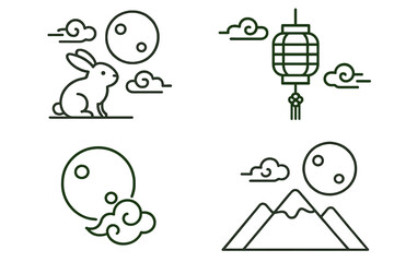 Mid-Autumn Festival line icon set with moon rabbit, paper lantern, full moon, and mountain landscape elements