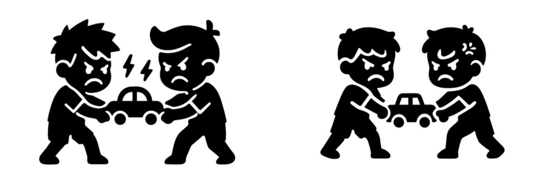 Black silhouette icon set of two angry boys fighting over a toy car, a concept for childhood conflict and sibling rivalry