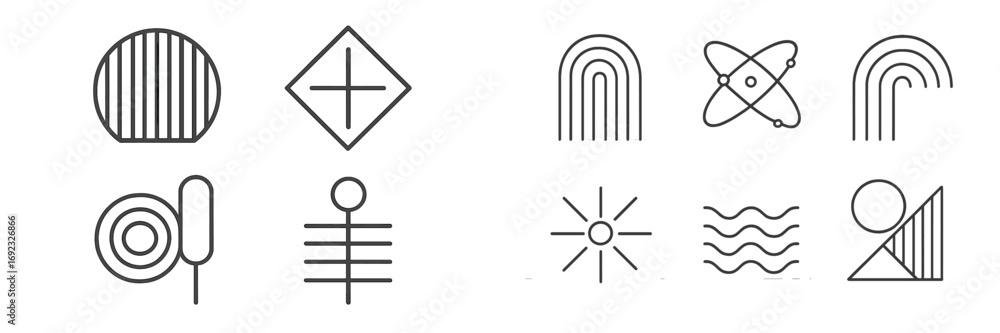 Poster set of minimalist abstract geometric shapes and symbols in a thin line style, modern design elements