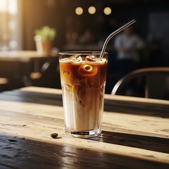 Iced Coffee Delight - A Refreshing Drink on a Sunny Wooden Table.