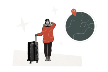 Composite trend artwork sketch collage of travel moving earth globe planet space geo point location vacation rest young lady hold baggage