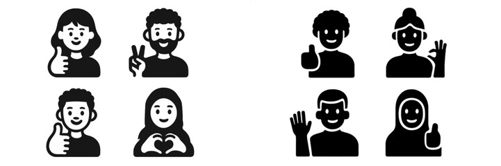 Diverse people avatars with positive hand gestures: thumbs up, peace sign, okay symbol, heart shape