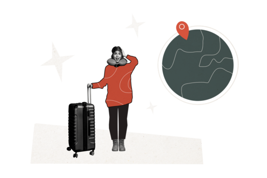 Composite trend artwork sketch collage of travel moving earth globe planet space geo point location vacation rest young lady hold baggage