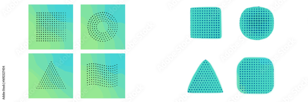 Poster abstract geometric shapes with halftone dot pattern on a green and blue gradient background, a colle