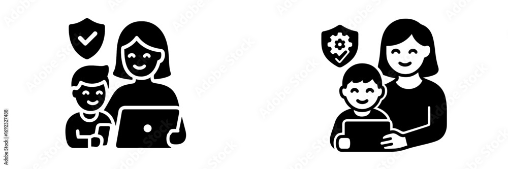Poster parental control and online safety icon set with mother and child using a laptop for secure internet