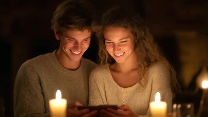 Young couple reading each other’s palms in warm candlelight - Powered by Adobe