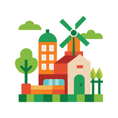 Organic Farm with Windmill Vector Design