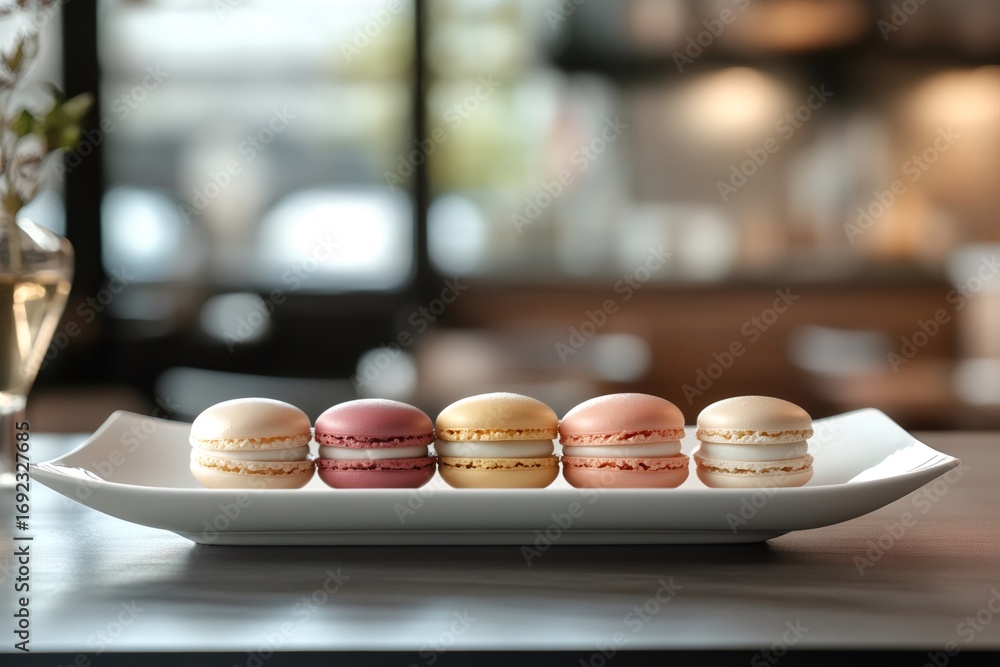 Poster five colorful macarons arranged on a white rectangular plate, adding a touch of sweetness to a cafe 