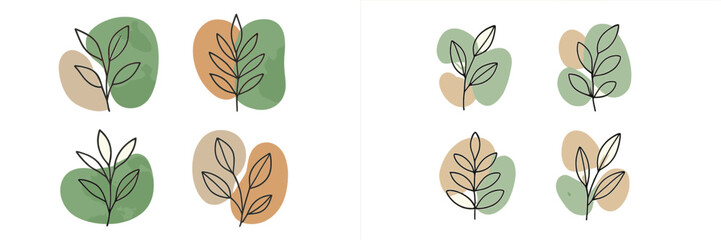 Minimalist botanical line art collection with abstract organic shapes in earth tones and modern boho style leaf drawings with a subtle watercolor texture for design