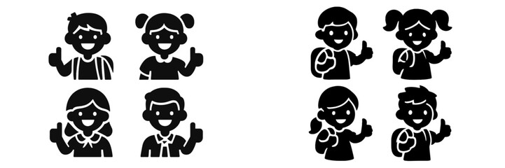 Black and white silhouette icons of happy school children with backpacks giving a thumbs up gesture for approval or success