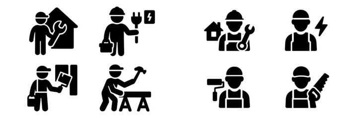 Home repair and construction worker icon set with plumber, electrician, carpenter, and painter glyphs