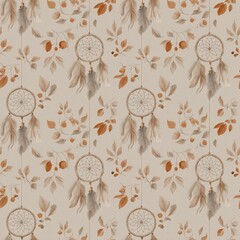 Dreamcatcher seamless pattern. Boho design with leaves and feathers, muted autumn tones