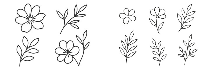 Minimalist flower and leaf line art collection with simple botanical elements for design, hand-drawn floral icons and branches isolated on a white background