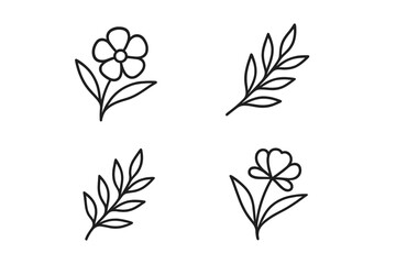 Set of minimalist hand-drawn botanical elements with simple flowers and leafy branches in a clean line art style isolated on a white background