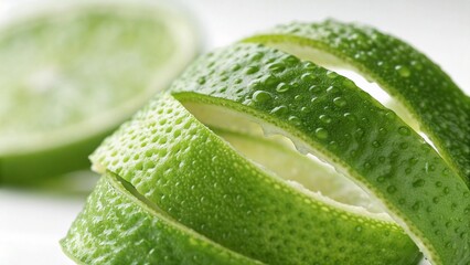 Macro shot of wet lime peel, juicy fresh citrus background
