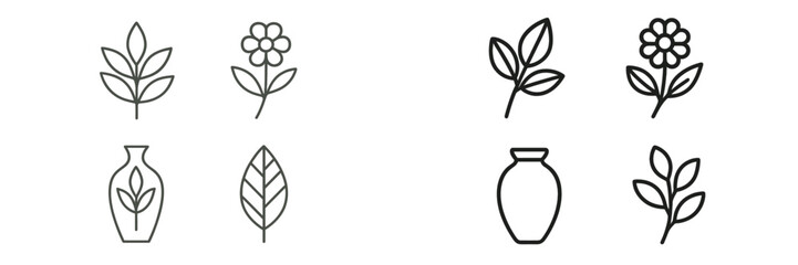 Collection of minimalist botanical line icons featuring various flowers, leaves, branches, and vases for elegant floral design projects