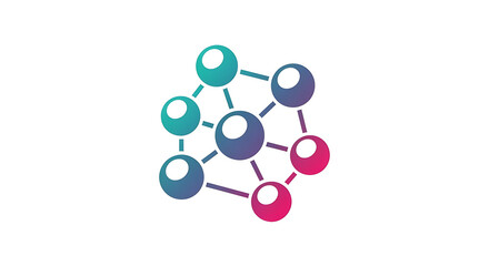 A colorful network of connected spheres with gradient colors on a white background in the center
