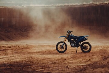 Blue motocross motorcycle standing on a dirt track, dust swirling in the air, creating an adventurous and exciting atmosphere
