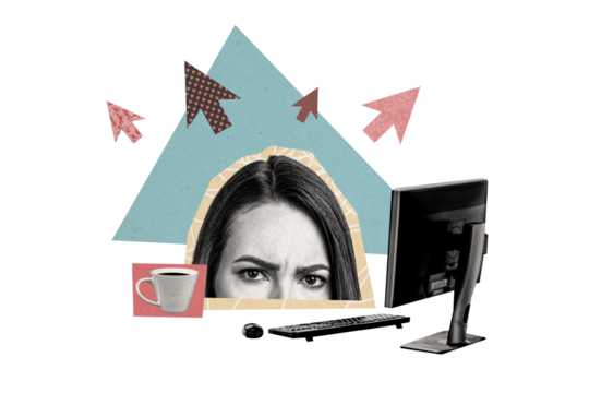 Composite photo collage of unhappy girl peek pc monitor wireless keyboard office workplace tiredness cursor isolated on painted background