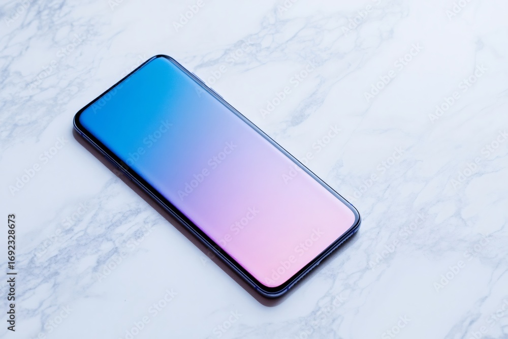 Poster gradient finish smartphone displaying blank screen resting on a marble table, perfect for showcasing