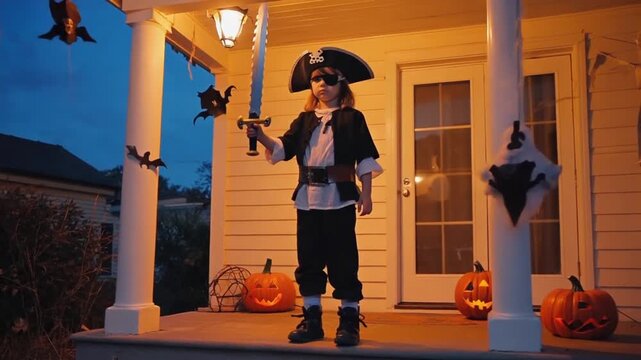 Happy children in costume on Halloween night.
