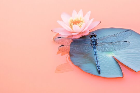 Close up of a blue dragonfly resting on a water lily leaf, with a pink flower in the background and a soft pink water surface - Powered by Adobe
