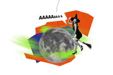 Composite trend artwork collage of halloween autumn season spooky creepy day young lady witch fly broomstick full moon speech cloud scream