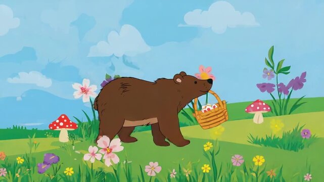 Bear stealing a picnic basket.