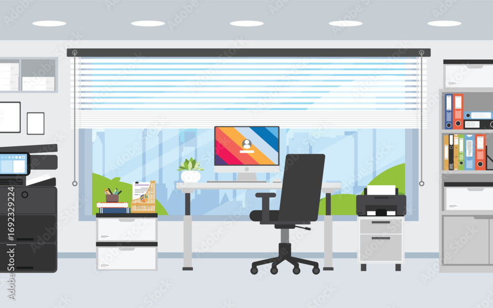 Aufkleber working area with a personal computer table and a printer zone.