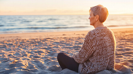 Vibrant elderly woman enjoying sunset at the beach Generative AI