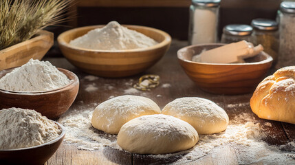 Fototapeta premium Fresh dough and baking ingredients on a wooden table Generative AI