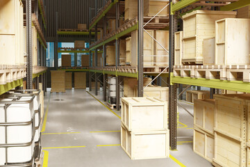 Logistics, Warehouse, Distribution, Storage. Spacious warehouse interior with wooden crates,...