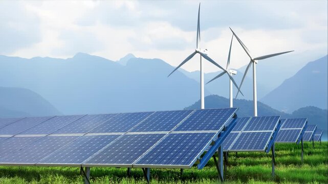Wind turbines and solar panels in mountain landscape