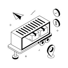 A vibrant isometric illustration depicts a modern freight container truck loaded with packages