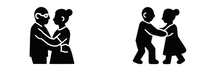 Set of black glyph icons showing a senior couple and a young couple dancing, representing ballroom and slow partner dance activities