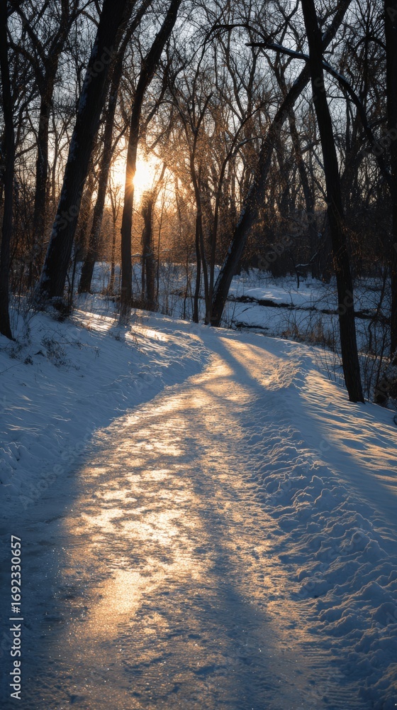 Poster a snowy forest path glistens in the sunlight as trees line the way, creating a serene winter scene.