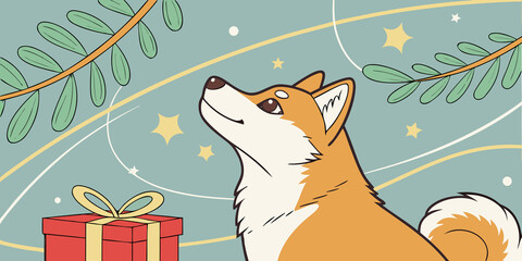 Christmas Shiba Inu beside Gift Box