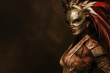 Studio portrait featuring a model donning a gladiator style mask, an elaborate feathered headdress, and a striking costume