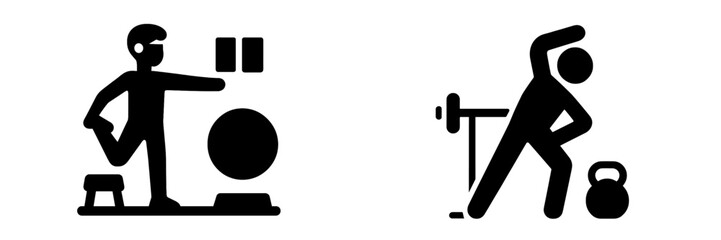 Set of black silhouette icons depicting people exercising and stretching in a gym with fitness equipment like kettlebells and barbells