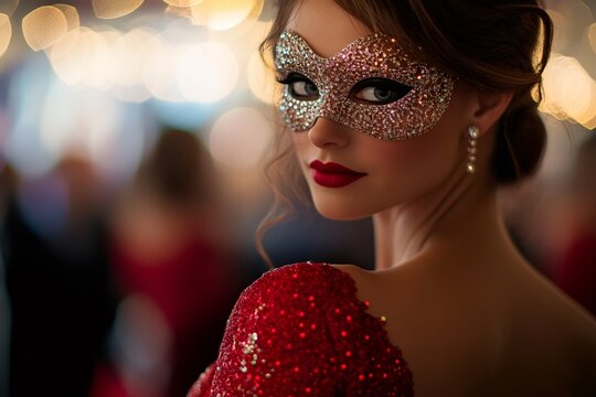 Captivating woman wearing striking red lipstick and a sparkling mask, mingling at an elegant party filled with glamour and luxury
