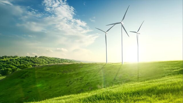 Wind turbines on green field under blue sky